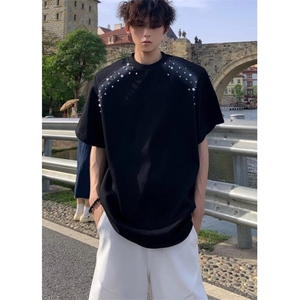 高级感喷绘珍珠男士个性圆领t恤夏季短袖cleanfit五分袖 T5810图片