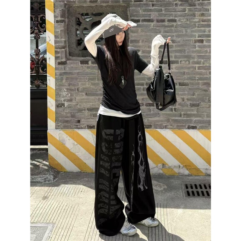 美式高街休闲卫裤女夏季新款设计感飘带宽松阔腿裤垂感黑色拖地裤,男装休闲裤,星座1210-1