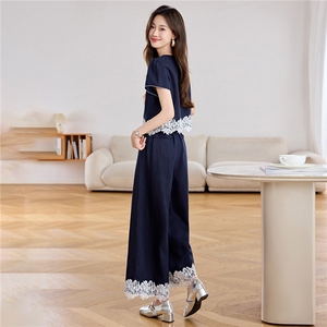 深蓝色蕾丝拼接衬衫套装女2025年夏季新款设计感休闲阔腿裤两件套图片