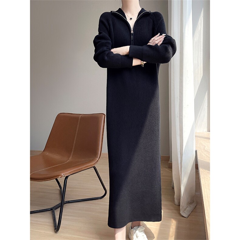 宽松长款打底外穿毛衣裙女秋冬慵懒风拉链翻领长袖针织加厚连衣裙，女装连衣裙，越洋羊