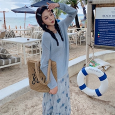 韩系蓝色针织衫碎花半身裙套装女2025春季新款高级感气质两件套潮，女装套装/套裙，浙宝305