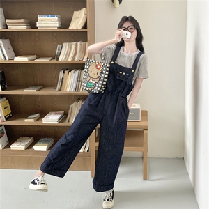韩系复古减龄牛仔背带裤女2025夏新款学院风条纹T恤阔腿裤两件套图片