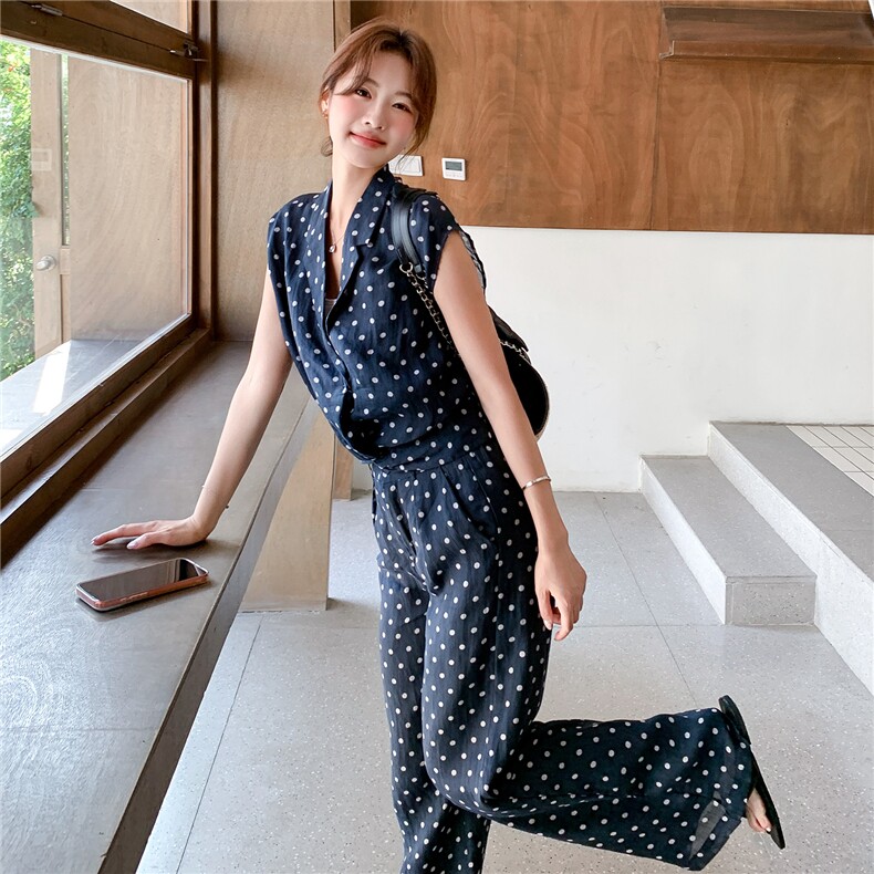 《大量现货26夏上新》100%苎麻舒适透气波点长裤无袖两件套女,女装套装/套裙,时尚风爆