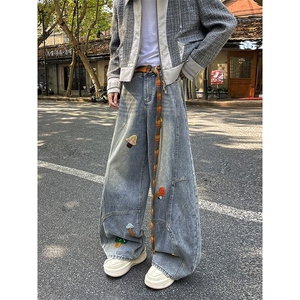美式高街牛仔裤男女韩版潮流刺绣帅气2025秋冬ins长裤RK3212-P57图片