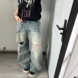 美式复古竹节纹做旧破洞牛仔潮cleanfit直筒弯刀裤BA156-P55图片