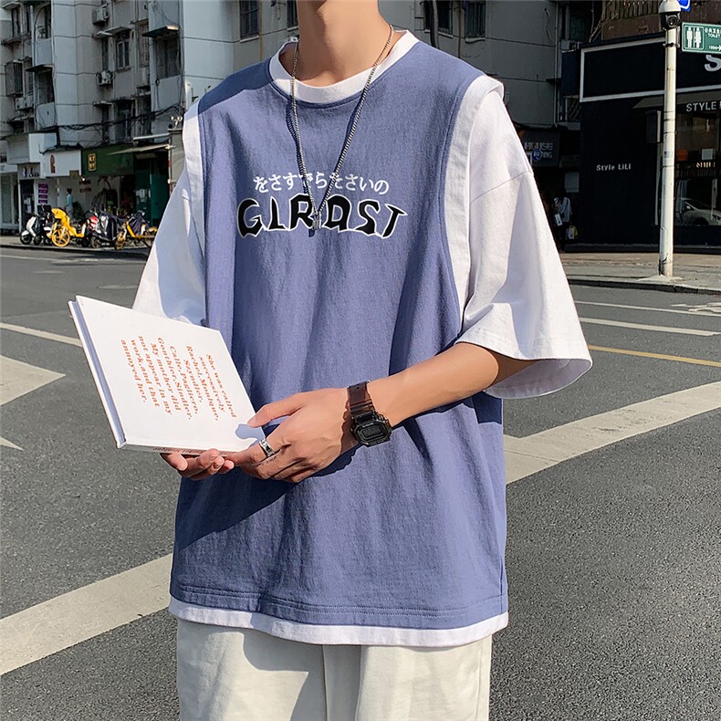 夏季港风韩版宽松圆领假两件T恤短袖上衣男T532P35控48,男装T恤,电商A268A