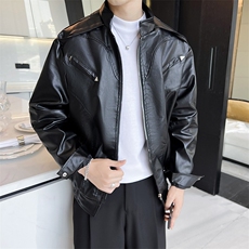 痞帅Pu皮衣潮牌双拉链垫肩皮夹克男机车服秋冬高街外套W632/P80，男装夹克，星座506