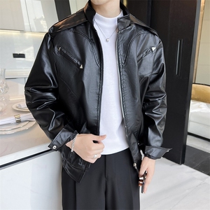 痞帅Pu皮衣潮牌双拉链垫肩皮夹克男机车服秋冬高街外套W632/P80图片