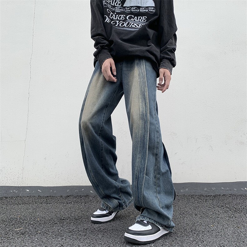 秋冬牛仔裤宽松直筒水洗复古潮流拼接长裤子N08855-P55,男装牛仔裤,星座308B-1