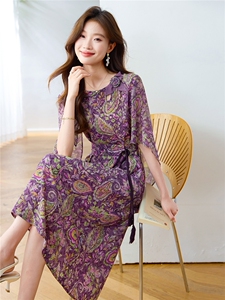 优雅气质贵夫人印花连衣裙女2025夏季薄款收腰显瘦女人味绝美裙子图片