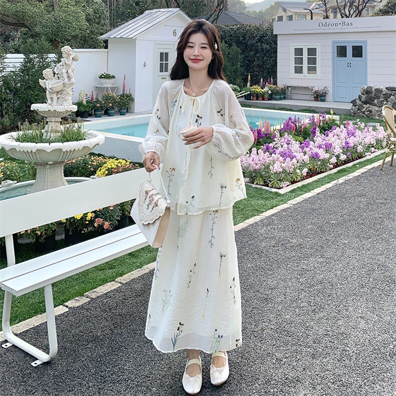 新中式国风套装裙女2025春季新款度假风休闲刺绣上衣半身裙两件套,女装套装/套裙,2C032