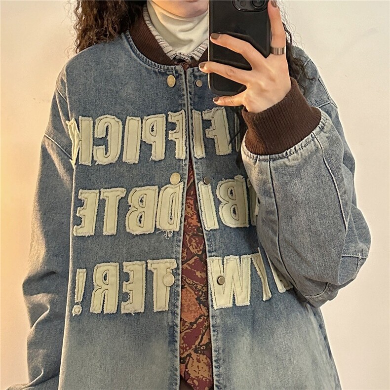 美式潮牌棒球服字母贴布牛仔外套春秋情侣撞色蓝色夹克J3355,男装工装外套,星座516A