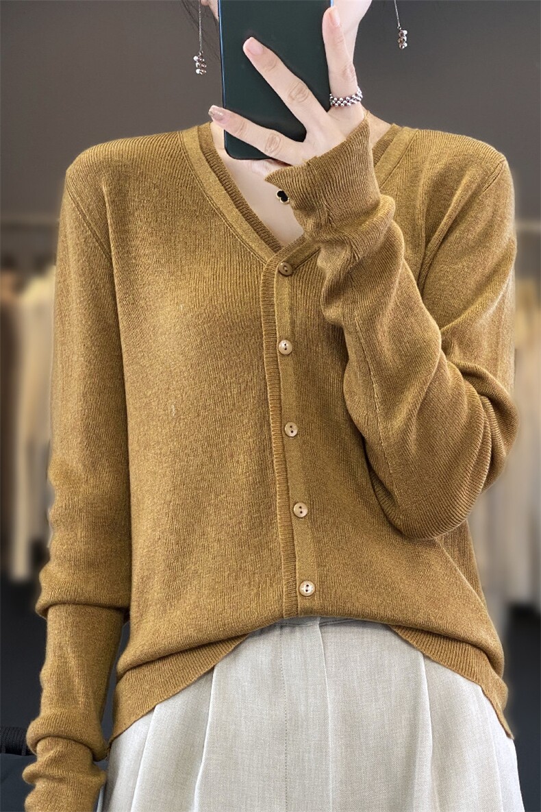 v领长袖针织羊毛开衫女休闲显瘦纯色外搭新款百搭上衣洋气外套,针织衫/毛衣,雪真羊绒
