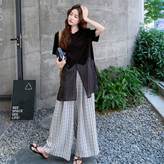 网纱背心条纹阔腿裤套装女夏2025新款又酷又飒穿搭两件套爆款洋气，女装套装/套裙，1C150