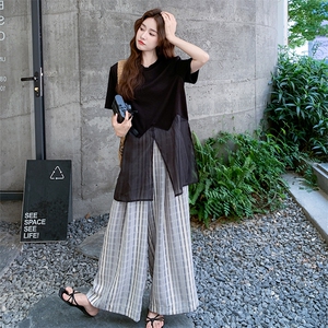 网纱背心条纹阔腿裤套装女夏2025新款又酷又飒穿搭两件套爆款洋气图片