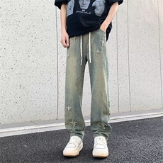 D6166-P45牛仔裤男夏季高街vibe潮牌复古做旧水洗直筒休闲裤子，男装牛仔裤，星座603-2