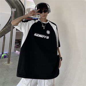 港风 夏装 潮插肩袖撞色赛车服情侣短袖T恤印花上衣男G1056P38图片