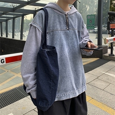 秋装港风长袖卫衣拼接牛仔连帽夹克外套休闲中性风潮H201/P70，男装夹克，钱塘713