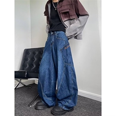 复古设计感大口袋弯刀牛仔裤男女宽松复古baggy阔腿刺绣拖地裤潮，男装牛仔裤，星座601-2