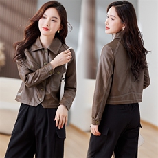 皮衣外套女2023年秋冬新款水洗皮机车服显瘦pu皮夹克韩版短外套潮，女装皮衣，江南女神