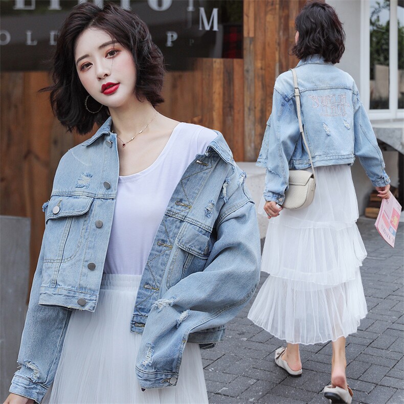 牛仔外套女2021新款刺绣破洞字母牛仔短外套春秋宽松牛仔衣女,女装短外套,潮品会