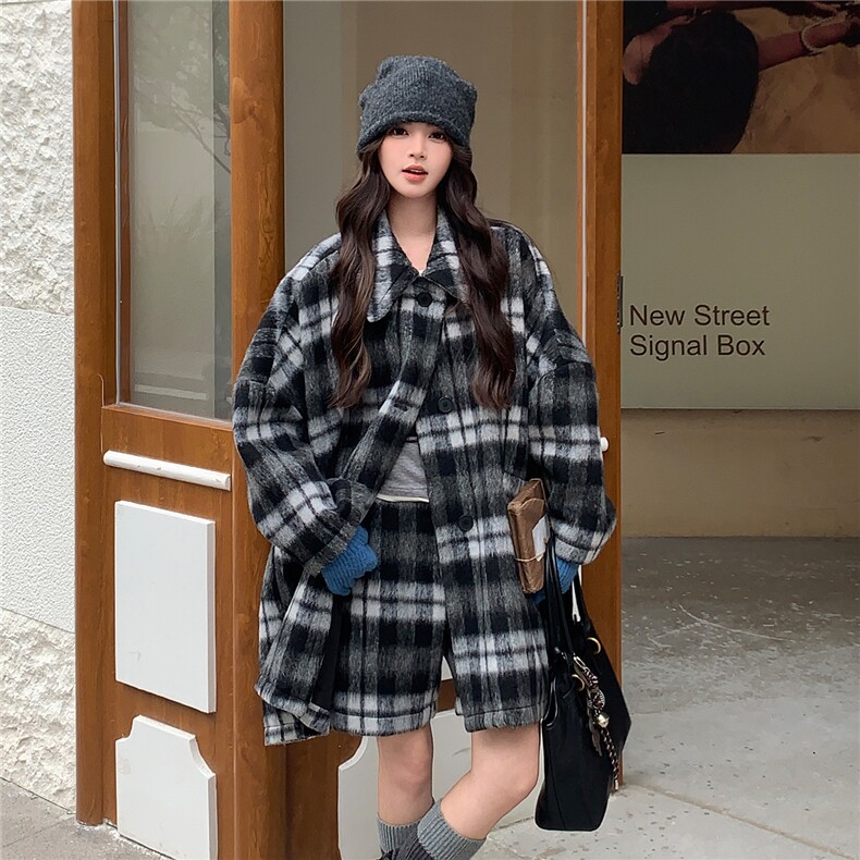2C085-Q112P235P338新款休闲毛呢加厚宽松格子套装,女装套装/套裙,2C085