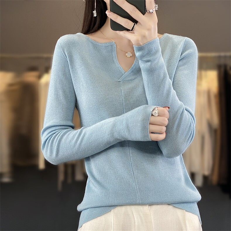 V领6%羊毛针织衫女2024秋季新款内搭打底衫长袖修身显瘦,女装羊毛衫,越洋羊