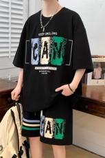 夏上新学生印花半袖套装时尚百搭圆领短裤T恤男女6636-P60控价88，男装T恤，电商A441-1