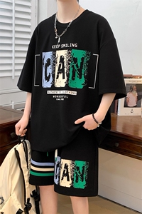夏上新学生印花半袖套装时尚百搭圆领短裤T恤男女 6636-P60控价88图片
