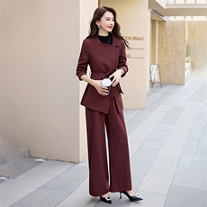 红职业套装女春秋新款时尚高端设计感方领西服阔腿裤两件套，女装套装/套裙，时尚俏佳人