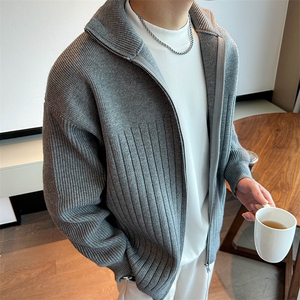 冬季开衫毛衣男生高领可翻针织衫轻奢帅气浅灰色 MY2402-P85图片