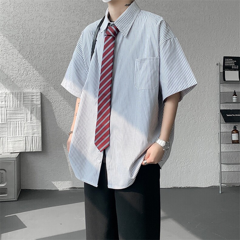 8XL-M条纹短袖衬衫男夏季宽松慵懒风痞帅大码衬衣外套DC28001P40,男装衬衫,电商B312