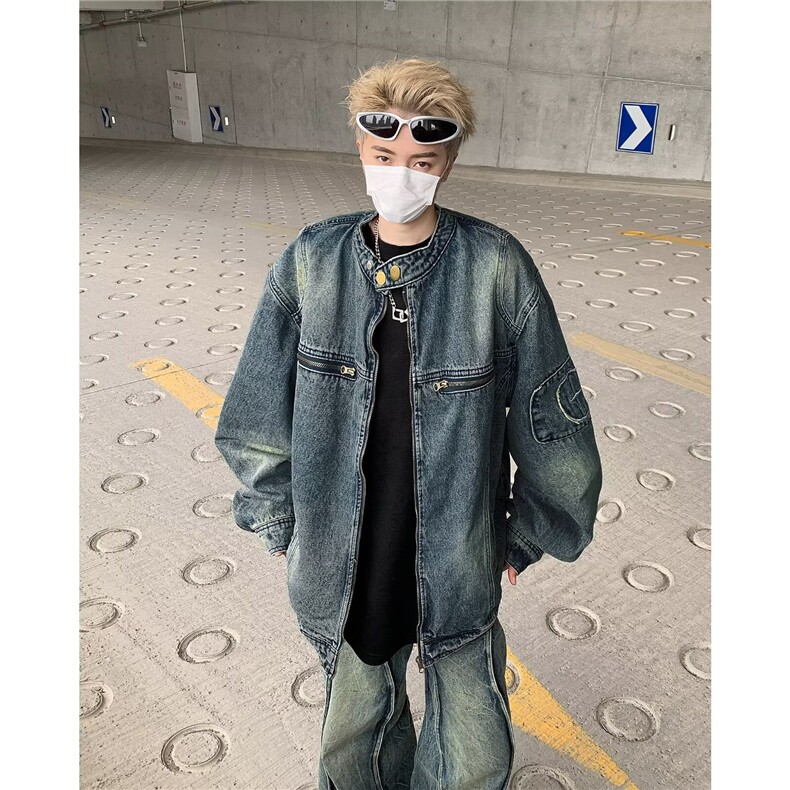 美式复古拉链口袋牛仔外套男女潮流痞宽松百搭外套上衣W6697-P72,男装工装外套,星座412-3