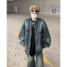 美式复古拉链口袋牛仔外套男女潮流痞宽松百搭外套上衣W6697-P72，男装工装外套，星座412-3