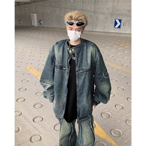 美式复古拉链口袋牛仔外套男女潮流痞宽松百搭外套上衣W6697-P72图片