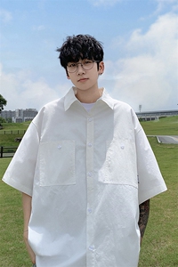 夏季新款港风日系复古纯色纽扣拼接宽松翻领短袖衬衫男 ZC745-P40图片