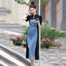 优雅气质收腰显瘦连衣裙女夏季牛仔拼接设计感小众裙子2025新款潮，女装连衣裙，C位