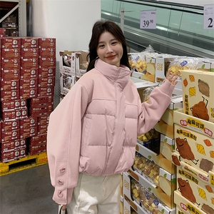 超好看黄色立领短款羽绒服女冬2024新款设计感毛呢拼接白鸭绒外套图片