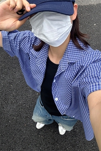 格子衬衫春夏美式短袖衬衫港风情侣装休闲衬衣 CS286-P30图片