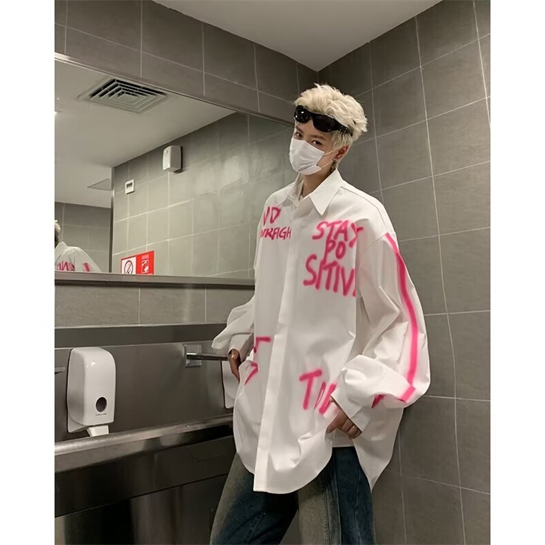 春秋美式手绘涂鸦衬衫男士宽松痞帅印花衬衣男生穿搭潮CY1022-P49,男装衬衫,星座412-3