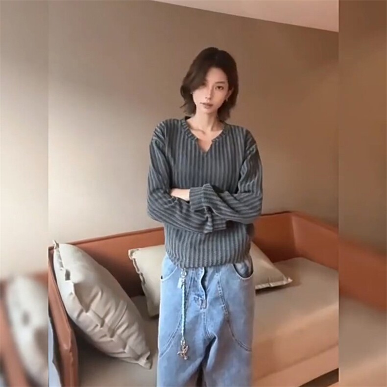 美式高街千鸟格子长袖T恤男女亨利V领英伦雅痞休闲宽松长袖打底衫,男装T恤,电商A443