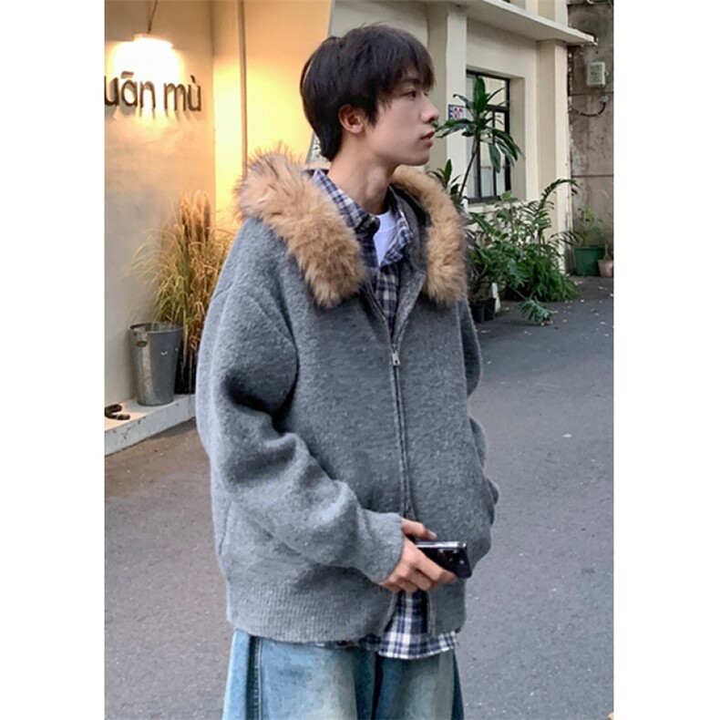 美式复古毛领连帽开衫毛衣男秋冬季高级感针织衫外套MY450,男装针织衫/毛衣,星座1116A（原606A-3）