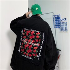 单排扣牛仔夹克长袖宽松型潮翻领玫瑰刺绣牛仔外套BW28P65，男装夹克，星座1116-2