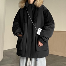 港风2026新品冬季宽松撞色棉服派克服毛领冬装加厚外套D009-P145，男装棉衣，星座717