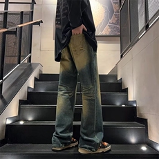 复古高街牛仔裤男秋季美式潮牌水洗做旧裤子宽松直筒微喇长裤，男装牛仔裤，星座410-6（原星座1304-1）