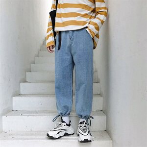 2021春夏港风男生宽松牛仔裤潮九分裤束脚宽松休闲潮裤K57P30图片