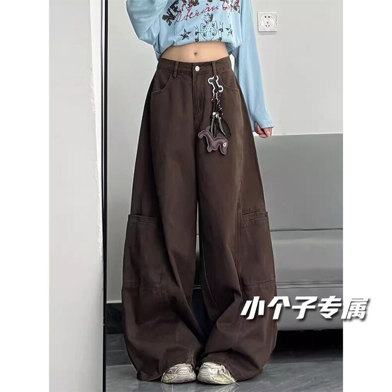 小个子复古美拉德咖色阔腿工装牛仔裤女新款辣妹高腰宽松直筒长裤,男装牛仔裤,星座218-8