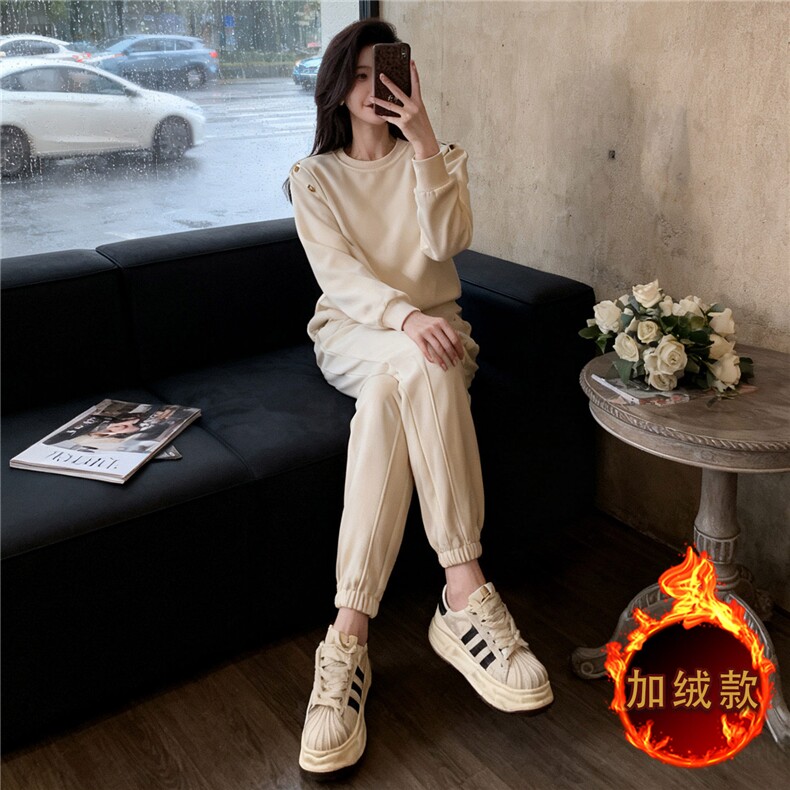 运动休闲时尚套装女秋冬新款圆领套头订扣设计感卫衣束脚裤两件套,女装套装/套裙,江南