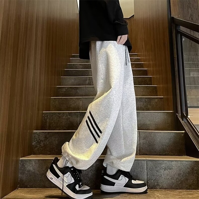 卫裤男秋冬款美式直筒宽松高街运动休闲条纹长裤K1335-p30加绒40,男装休闲裤,星座1008-2
