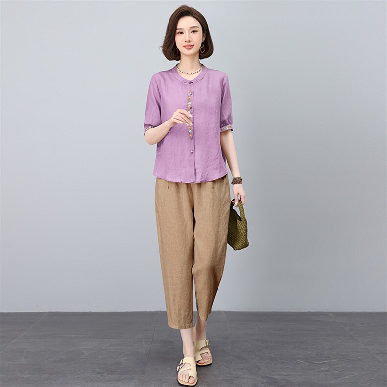 新中式高端苎麻刺绣套装女2025夏新款中年妈妈洋气减龄亚麻两件套,女装套装/套裙,涵誉